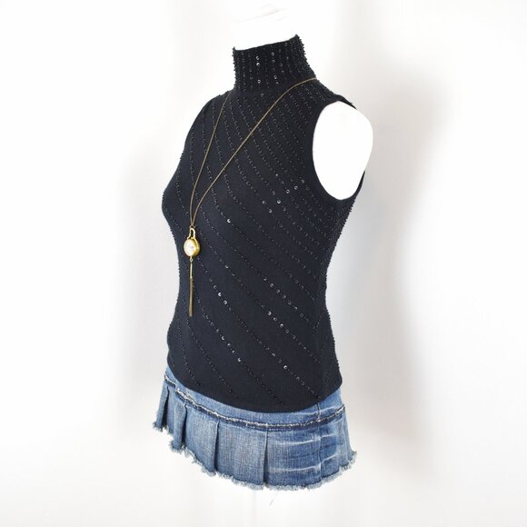 VTG 90s Y2K Jones New York Black Knitted Beaded Sleeveless High Neck Sweater - Picture 2 of 7